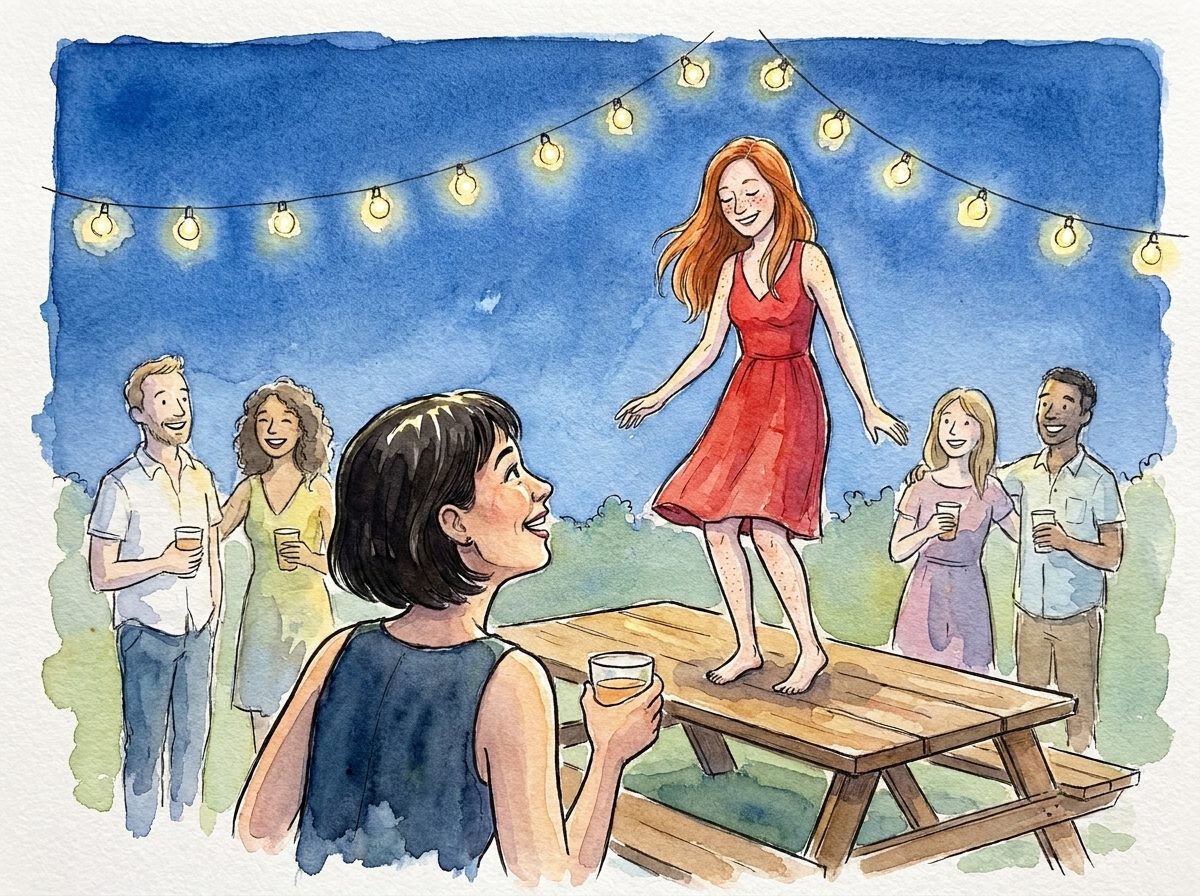 Drawing of a woman in a red dress dancing on a picnic table at a backyard party while friends watch