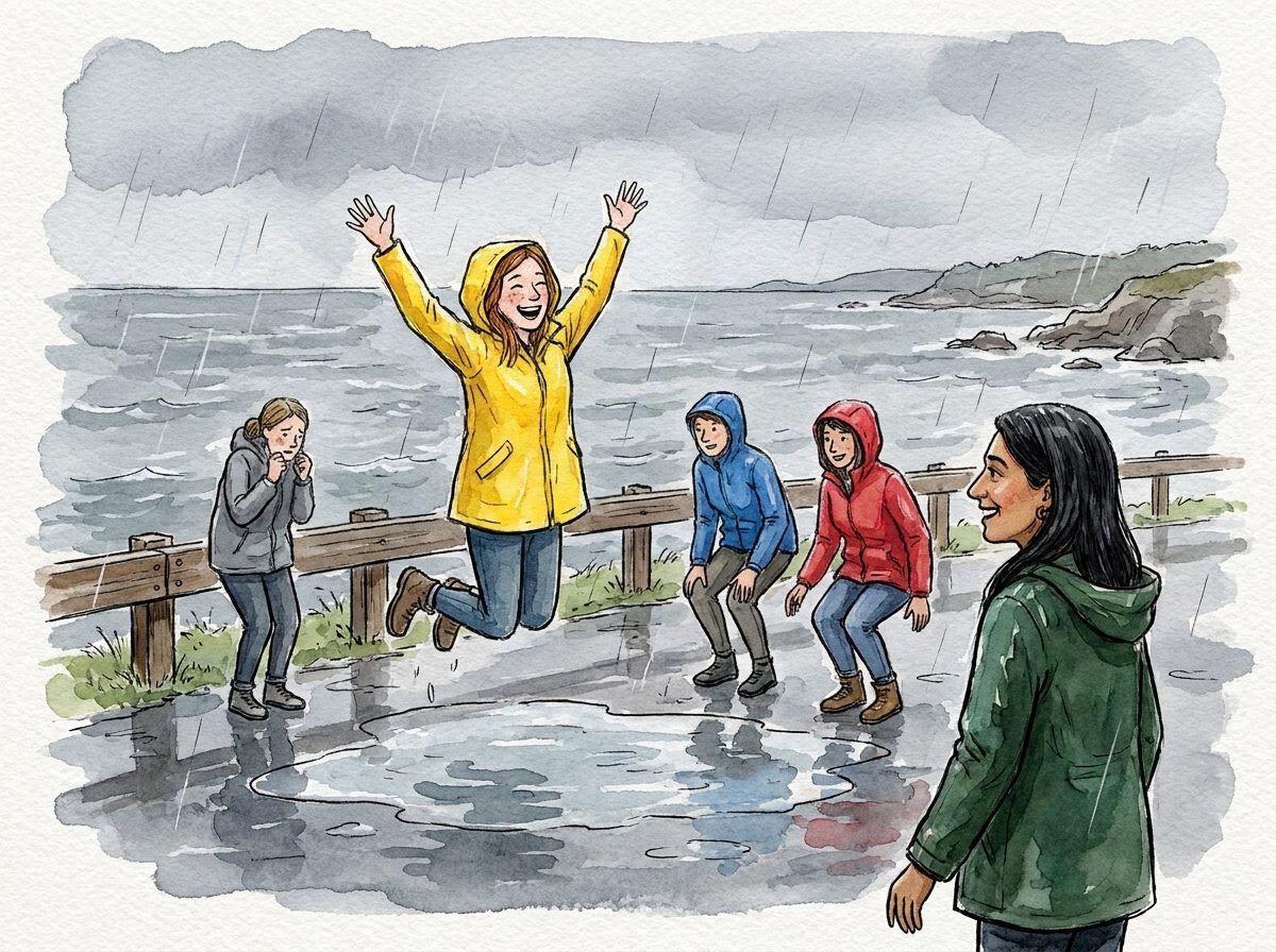 Drawing of a woman in a yellow rain jacket leaping over a puddle on a gray Maine coast while her friends start to follow